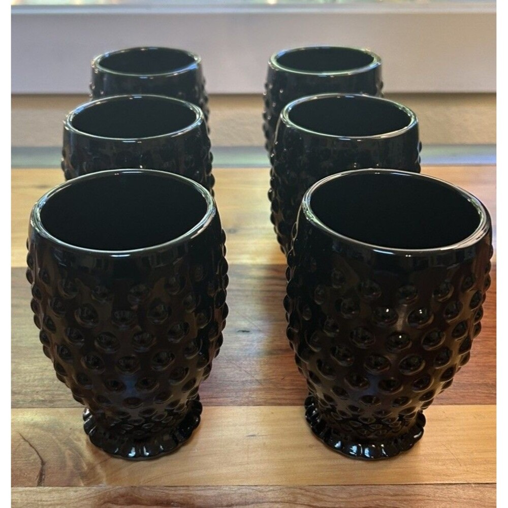 Indiana Tiara Hobnail Ebony Black - Set of 6 Flat Tumbler Glasses Vintage